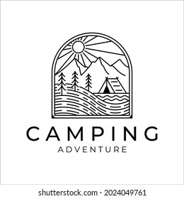 camping logo line art simple minimalist vector illustration template icon design. adventure and wanderlust symbol for activity outdoor summer camp with badge concept