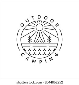 camping logo line art simple minimalist vector illustration template icon design. adventure and wanderlust symbol for activity outdoor night camp with badge concept