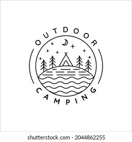 camping logo line art simple minimalist vector illustration template icon design. adventure and wanderlust symbol for activity outdoor night camp with badge concept