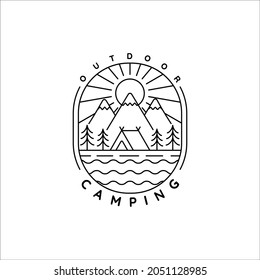 camping logo line art simple minimalist vector illustration template icon design. adventure and wanderlust symbol for activity outdoor summer camp with badge concept