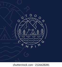 camping logo line art simple minimalist vector illustration template icon design. adventure and wanderlust symbol for activity outdoor summer camp with badge concept