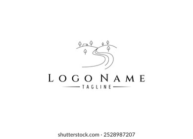 Camping logo in nature hill with pine trees in minimalist line art design style