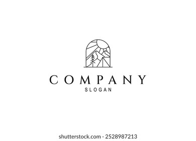 Camping logo in nature with mountains in frame in line art design style