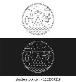 Camping logo, outdoor adventures logo. Tourism, hiking and camping labels.