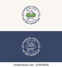 Camping logo set color and line style consisting of knife and sign the best adventure for explore emblem, expedition label, travel badge, tourist symbol, hiking sticker, climbing, poster, kids camp