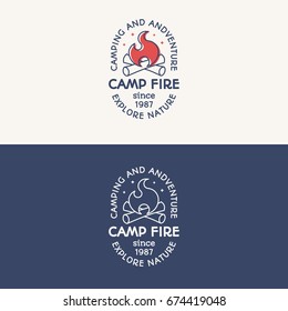 Camping logo set color and line style consisting of camp fire and sign explore nature for kids camp, explore emblem, travel badge, tourist symbol, expedition label, hiking sticker, climbing, poster