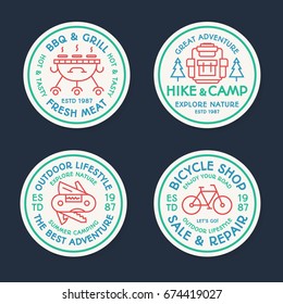 Camping logo set line color style consisting of backpack, bicycle, barbecue, grill, trees for tourist symbol, explore emblem, travel badge, expedition label, t shirt print, poster, banner, kids camp