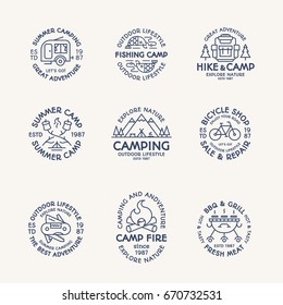 Camping logo set line style consisting of camper, mountain, backpack, tent, fish, fire, bicycle, barbecue, grill, trees for tourist symbol, explore emblem, travel badge, expedition label, hiking