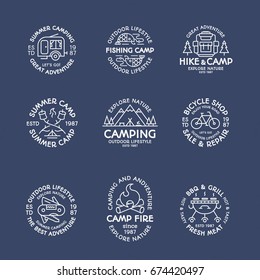 Camping logo set line style white color consisting of tent, fish, fire, camper, mountain, backpack, bicycle, barbecue, grill, trees for tourist symbol, explore emblem, travel badge, expedition label