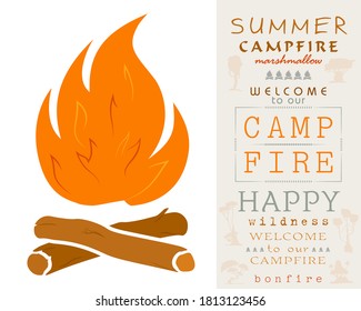 Camping Logo. Simple Campfire. Bonfire with Firewood. Ready Lettering for Your Design