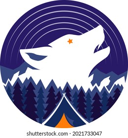 Camping Logo with Sky, Stars, Forest, Tent and A Wolf Howling