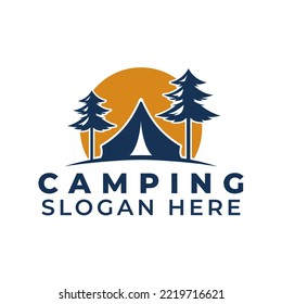 camping logo template with tent and pine tree image on isolated background