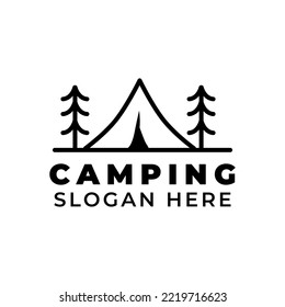 camping logo template with tent and pine tree image on isolated background