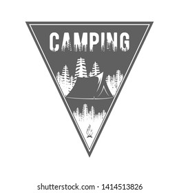 Camping logo. Triangle badge with tent, fire and pine trees forest. Monochrome outdoors travel emblem in retro design. Camp label in unusual hipster style. Stock vector illustration isolated on white.