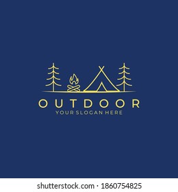 camping logo vector illustration template design, campfire and trees on forest, adventure life style