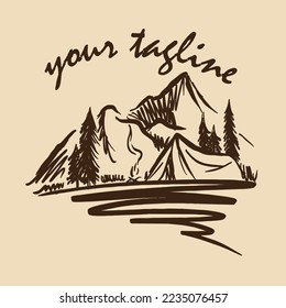 camping logo vector illustration in a unique hand drawn style with additional text available which can be changed
