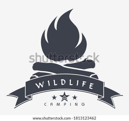 Camping Logo.Campfire Silhouette. Framed Bonfire. Ribbon with Copyspace Area for Your Text or Slogan. Logo or Tattoo