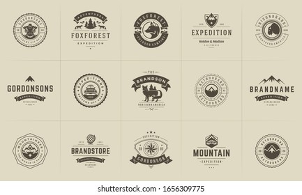 Camping logos and badges templates vector design elements and silhouettes set. Outdoor adventure mountains and forest camp vintage style emblems and logos retro illustration.