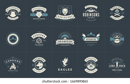 Camping logos and badges templates vector design elements and silhouettes set. Outdoor adventure mountains and forest camp vintage style emblems and logos retro illustration.