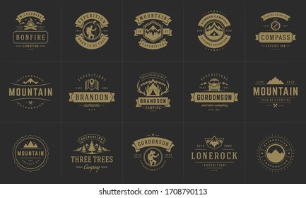 Camping logos and badges templates vector design elements and silhouettes set. Outdoor adventure mountains and forest camp vintage style emblems and logos retro illustration.