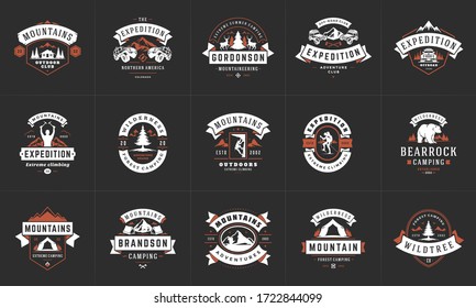 Camping logos and badges templates vector design elements and silhouettes set. Outdoor adventure mountains and forest camp vintage style emblems and logos retro illustration.