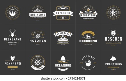 Camping logos and badges templates vector design elements and silhouettes set. Outdoor adventure mountains and forest camp vintage style emblems and logos retro illustration.