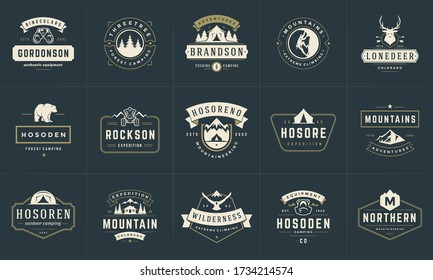 Camping logos and badges templates vector design elements and silhouettes set. Outdoor adventure mountains and forest camp vintage style emblems and logos retro illustration.