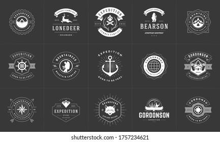 Camping logos and badges templates vector design elements and silhouettes set. Outdoor adventure mountains and forest camp vintage style emblems and logos retro illustration.