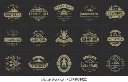 Camping logos and badges templates vector design elements and silhouettes set. Outdoor adventure mountains and forest camp vintage style emblems and logos retro illustration.