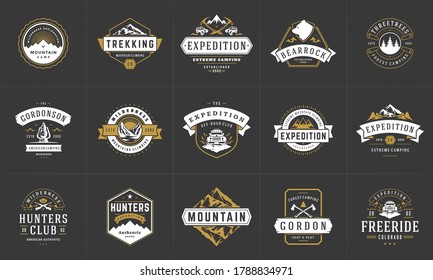 Camping logos and badges templates vector design elements and silhouettes set. Outdoor adventure mountains and forest camp vintage style emblems and logos retro illustration.