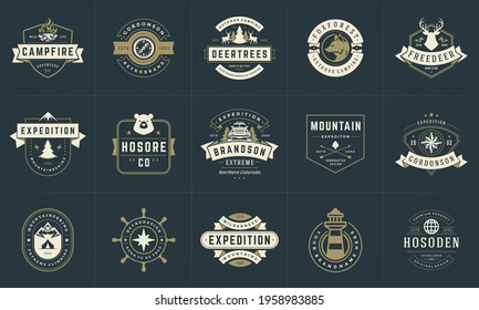 Camping logos and badges templates vector design elements and silhouettes set. Outdoor adventure mountains and forest camp vintage style emblems and logos retro illustration.