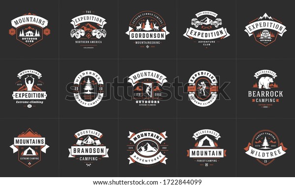 Camping logos and
badges templates vector design elements and silhouettes set.
Outdoor adventure mountains and forest camp vintage style emblems
and logos retro
illustration.
