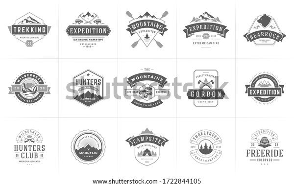 Camping logos and\
badges templates vector design elements and silhouettes set.\
Outdoor adventure mountains and forest camp vintage style emblems\
and logos retro\
illustration.