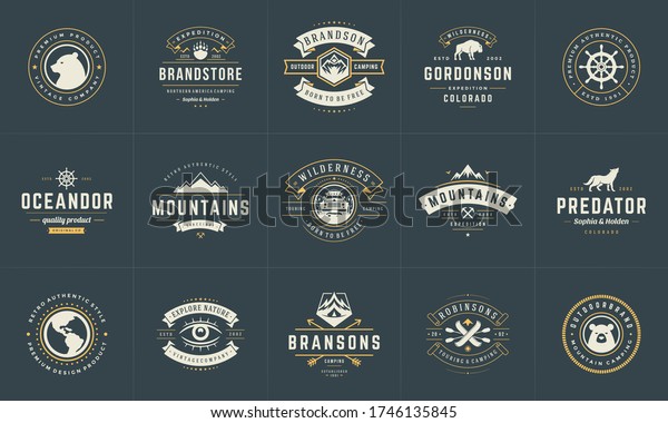 Camping logos and\
badges templates vector design elements and silhouettes set.\
Outdoor adventure mountains and forest camp vintage style emblems\
and logos retro\
illustration.