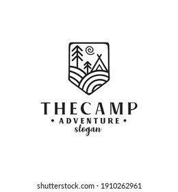 camping logos consisting of mountains, camp and trees line style isolated for explore emblem, hiking sticker, tourist symbol, travel badge, expedition label, poster, banner, t-shirt