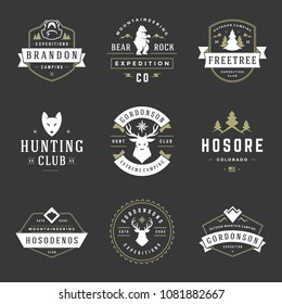 Camping logos design templates vector elements and silhouettes set, Outdoor adventure mountains and forest expeditions, vintage style emblems and badges retro illustration.