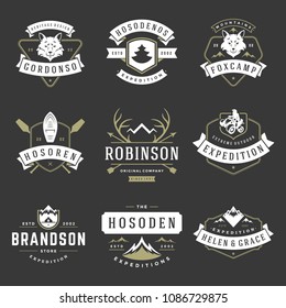 Camping logos design templates vector elements and silhouettes set, Outdoor adventure mountains and forest expeditions, vintage style emblems and badges retro illustration.