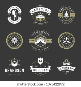 Camping logos design templates vector elements and silhouettes set, Outdoor adventure mountains and forest expeditions, vintage style emblems and badges retro illustration.