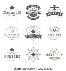 Camping logos design templates vector elements and silhouettes set, outdoor adventure mountains and forest expeditions, vintage style emblems and badges retro illustration.