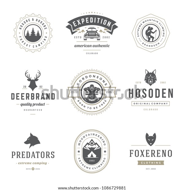 Camping logos design
templates vector elements and silhouettes set, Outdoor adventure
mountains and forest expeditions, vintage style emblems and badges
retro illustration.