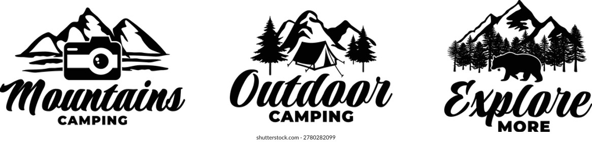 Camping logos featuring mountains and outdoor exploration themes
