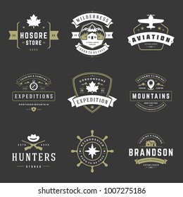 Camping logos templates vector design elements and silhouettes set, Outdoor adventure mountains and forest expeditions, vintage style emblems and badges retro illustration.