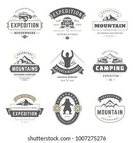 Camping logos templates vector design elements and silhouettes set, Outdoor adventure mountains and forest expeditions, vintage style emblems and badges retro illustration.