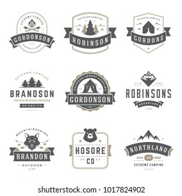 Camping logos templates vector design elements and silhouettes set, Outdoor adventure mountains and forest expeditions, vintage style emblems and badges retro illustration.