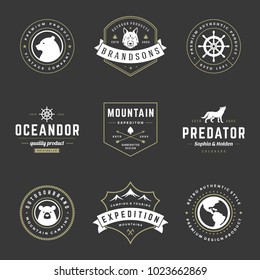 Camping logos templates vector design elements and silhouettes set, Outdoor adventure mountains and forest expeditions, vintage style emblems and badges retro illustration.