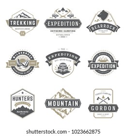 Camping logos templates vector design elements and silhouettes set, Outdoor adventure mountains and forest expeditions, vintage style emblems and badges retro illustration.