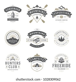 Camping logos templates vector design elements and silhouettes set, Outdoor adventure mountains and forest expeditions, vintage style emblems and badges retro illustration.