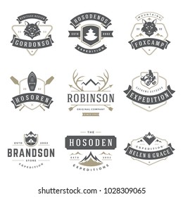 Camping logos templates vector design elements and silhouettes set, Outdoor adventure mountains and forest expeditions, vintage style emblems and badges retro illustration. Camping logos templates vector design elements and silhouettes set, Outdoor adventure mountains and forest expeditions, vintage style emblems and badges retro illustration.