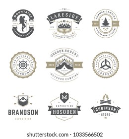 Camping logos templates vector design elements and silhouettes set, Outdoor adventure mountains and forest expeditions, vintage style emblems and badges retro illustration.