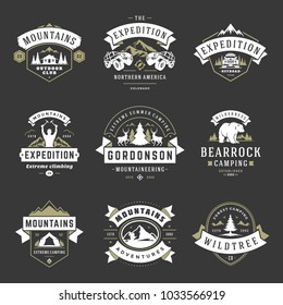 Camping logos templates vector design elements and silhouettes set, Outdoor adventure mountains and forest expeditions, vintage style emblems and badges retro illustration.